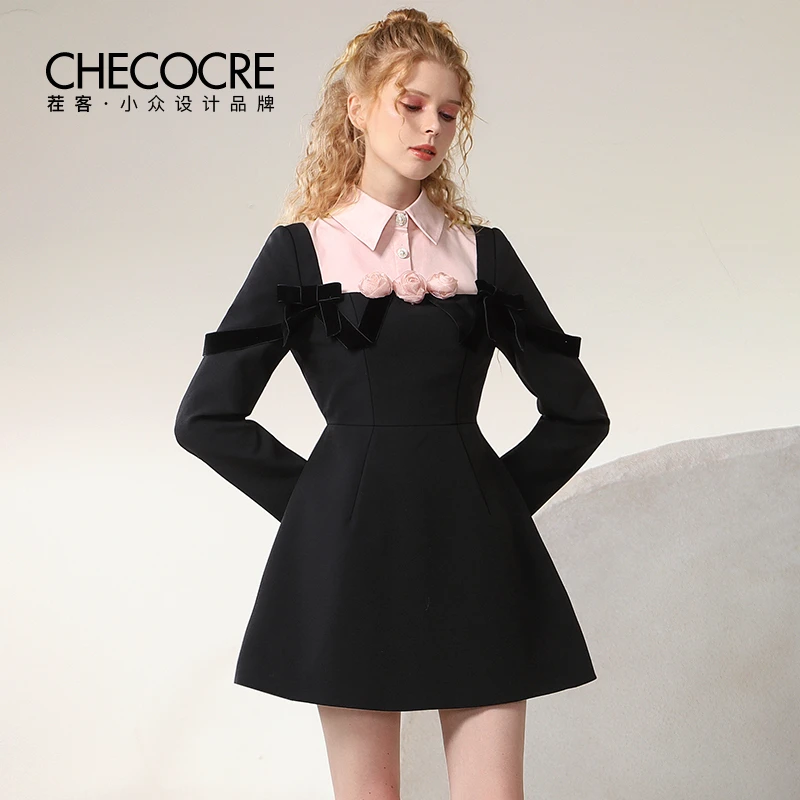 【老板娘夏天】茬客立体玫瑰气质粉黑撞色显瘦礼服短裙CM700381