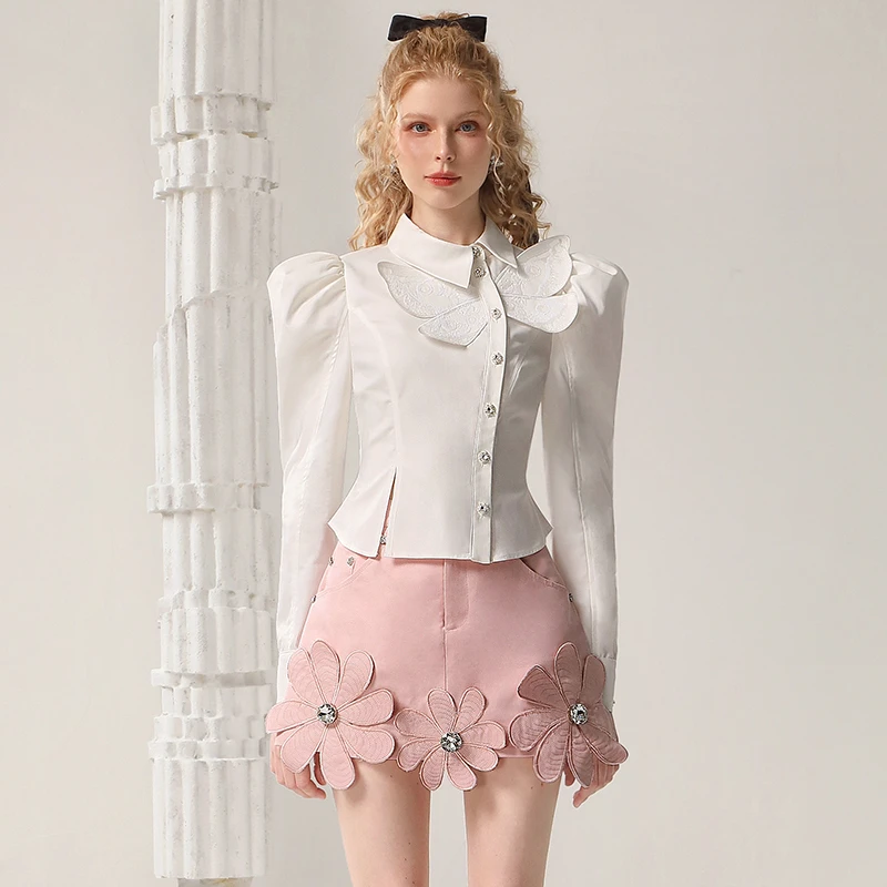 茬客甜美减龄半身裙立体钉钻花朵粉色少女感牛仔短裙CM490581B