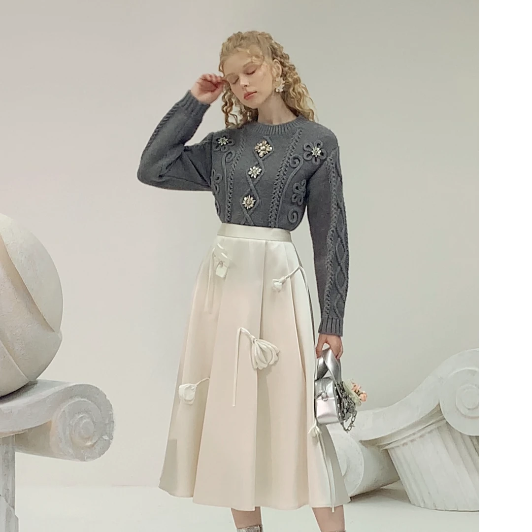 茬客钉钻慵懒风针织毛衣长款立体花复古设计显瘦上衣CM490593A