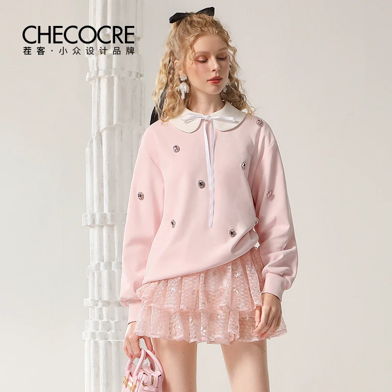 茬客粉色卫衣甜美重工钉钻宽松休闲珠片网纱套装CM490563A