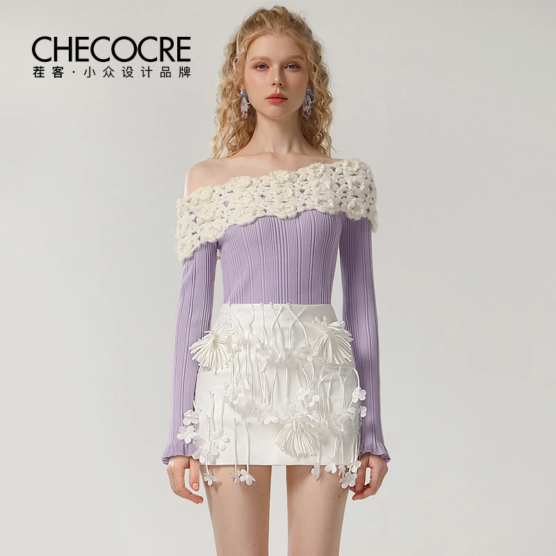 【柒柒专属】茬客毛织衫撞色修身显瘦不规则斜肩上衣CM490574A