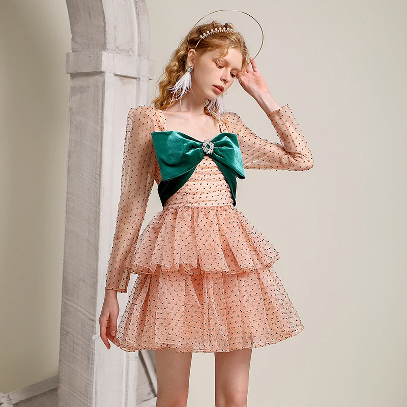 甜美连衣裙早秋法式丝绒蝴蝶结时尚波点优雅蛋糕裙CM41076