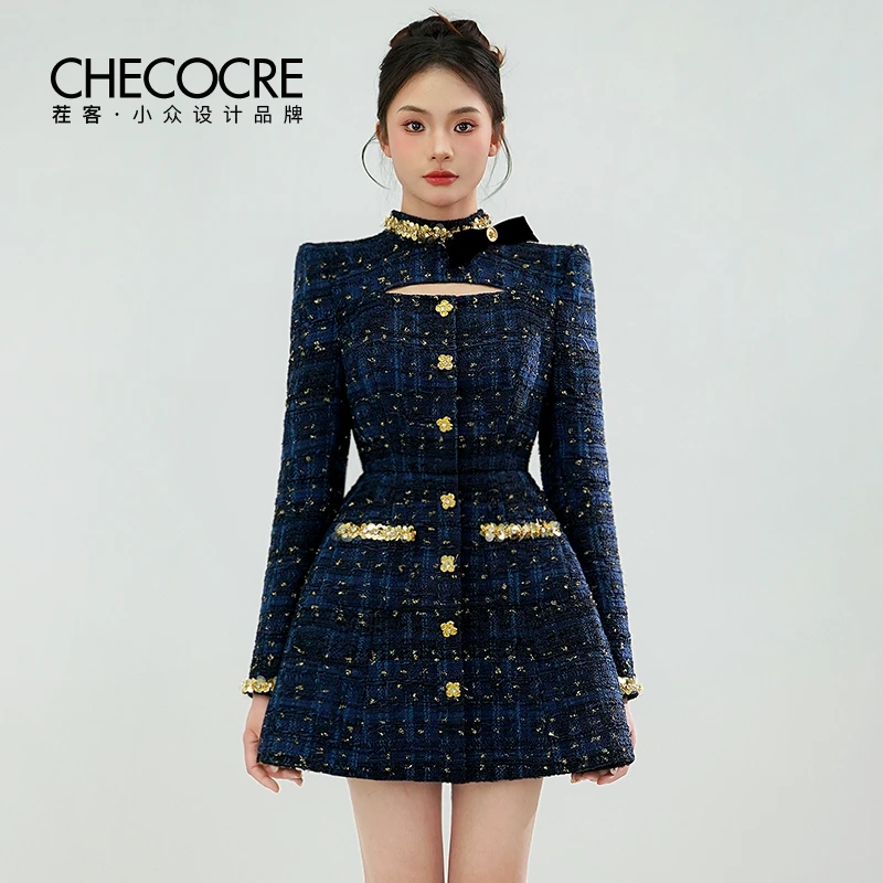 茬客法式优雅风连衣裙2024秋冬高级感立领显高显瘦a字裙CM490613