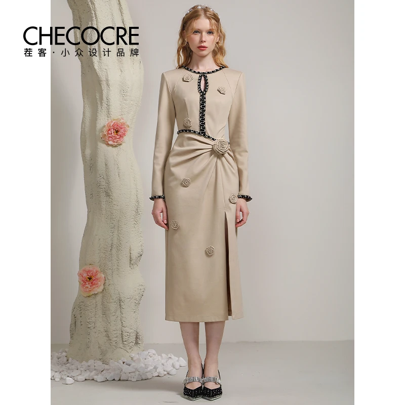 茬客礼服裙优雅立体花撞色织带气质开衩针织中长款连衣裙CM10248