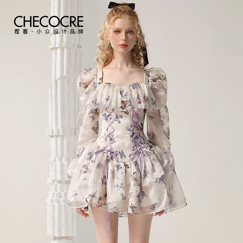 【老板娘夏天】茬客连衣裙欧根纱泡泡袖撞色绑带蝴蝶印花CM490578