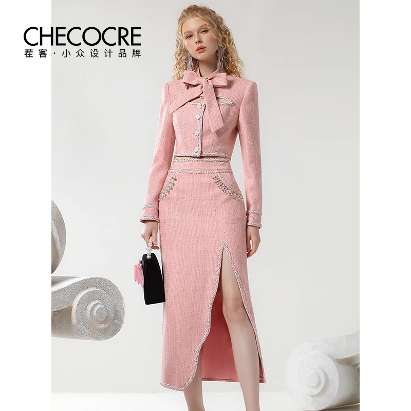 茬客优雅小香风套装粉色蝴蝶结上衣包臀半裙两件套女CM620007AB