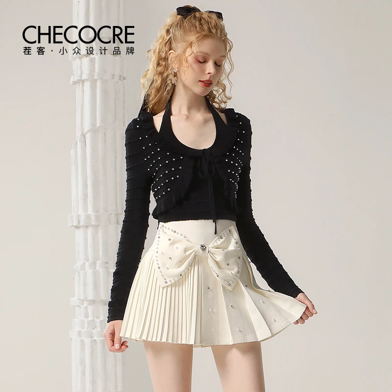 茬客气质黑色针织衫秋季小众设计短款开衫挂脖背心上衣CM490564AC