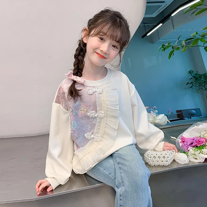 女童春装国风衣服2025款洋气6-12岁时髦新中式春秋季国风圆领上衣