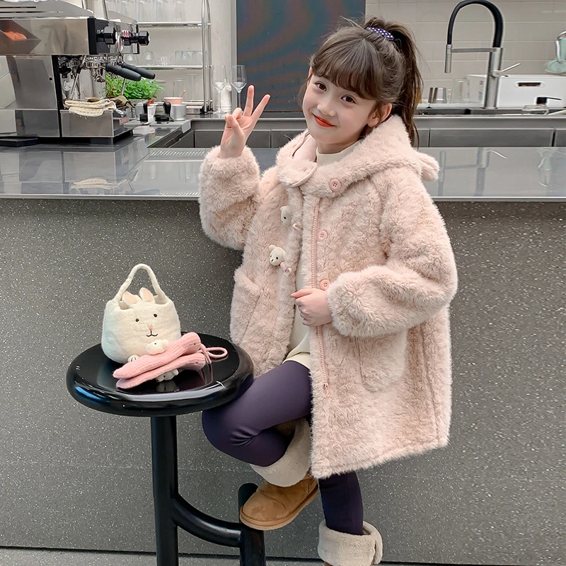 女童外套秋冬装2024新款洋气儿童装加厚毛毛衣女孩冬季中长款大衣