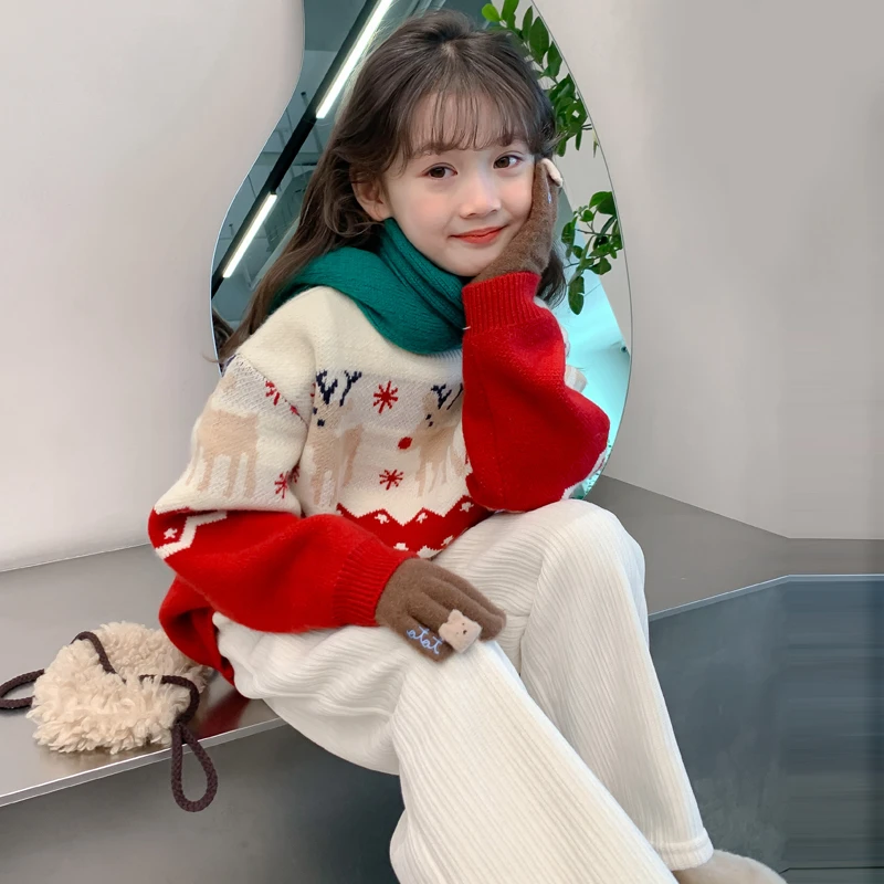 女童秋装毛衣2024新款儿童女孩秋冬季加绒加厚圣诞麋鹿针织打底衫