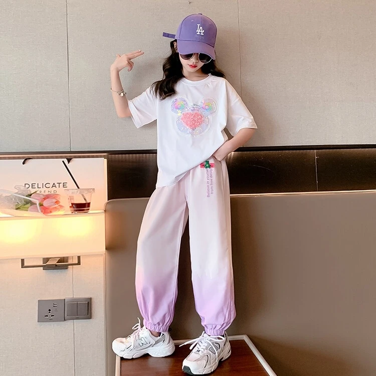 女童夏季运动套装2025新款女孩休闲夏装中大童时髦短袖长裤两件套