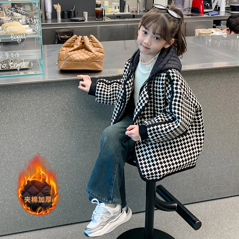 女童小香风外套2024秋冬新款洋气小女孩加厚夹棉连帽上衣儿童冬装