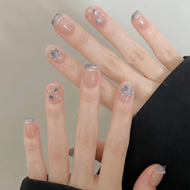 纯手工穿戴甲夏季法式猫眼爱心高级感显手白裸色指甲贴片玻璃珠