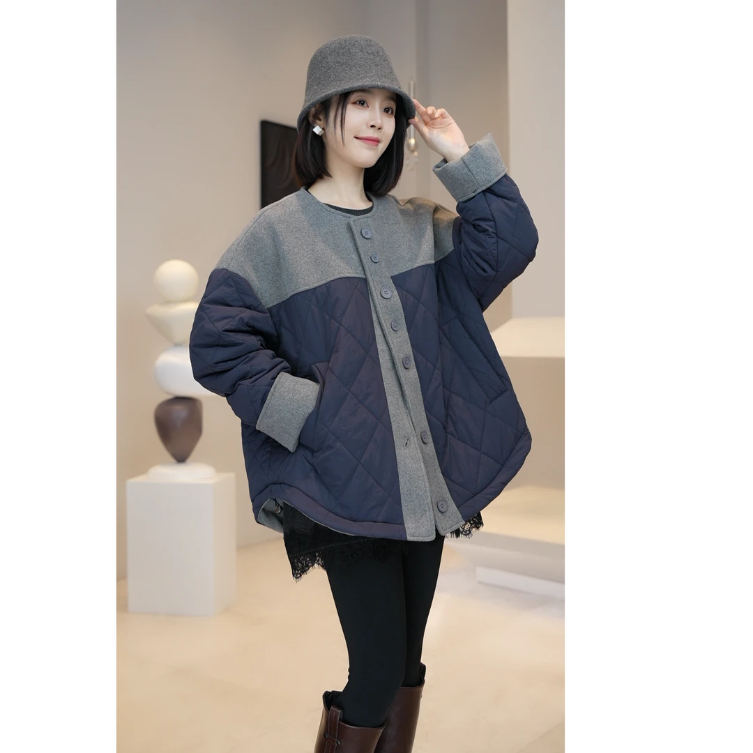 【YUE YUE】冬季新款毛呢撞色菱形格夹棉轻薄百搭外套棉服W812