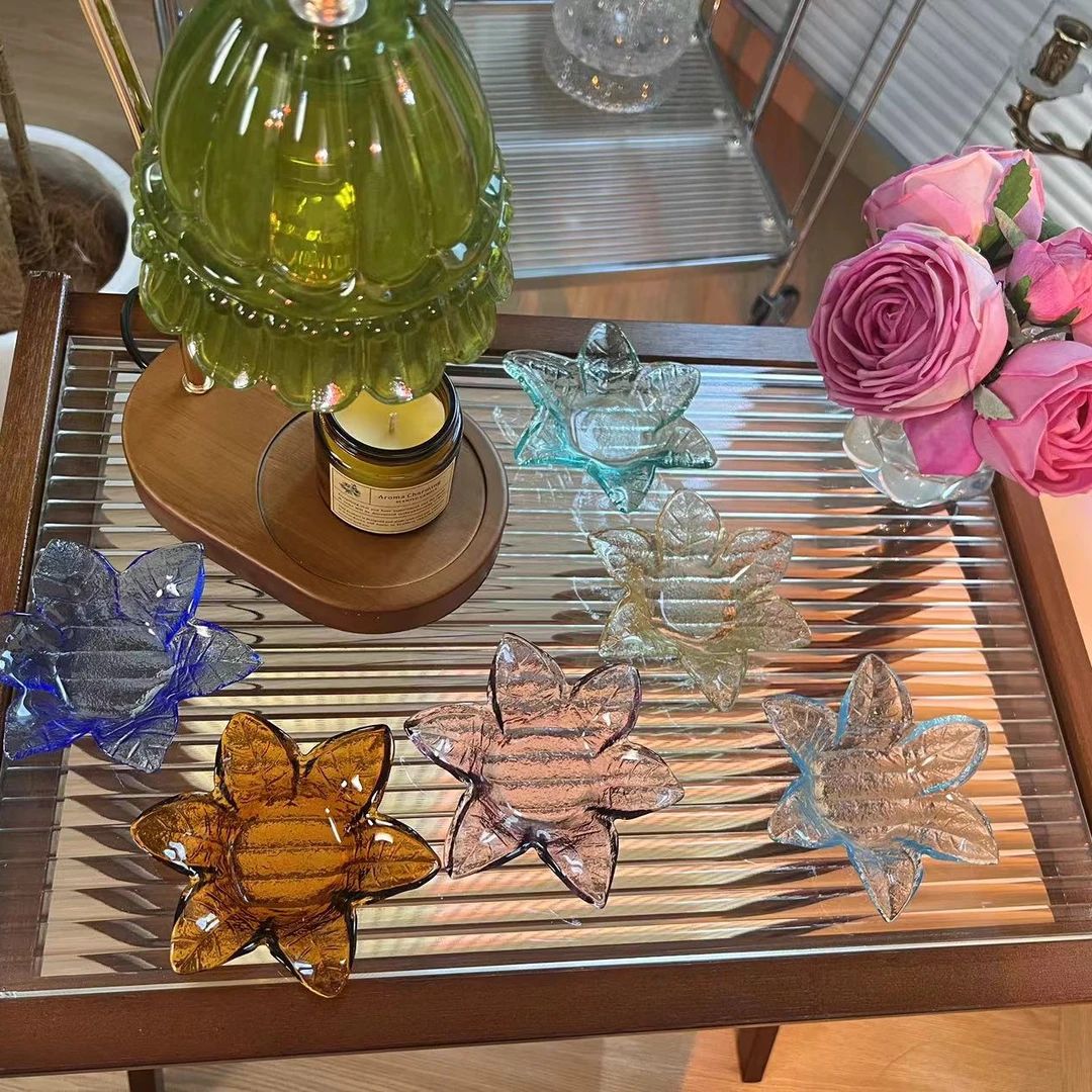 混色5只装酒店树叶彩色原色玻璃小碟子小吃餐具抽纸盒可爱