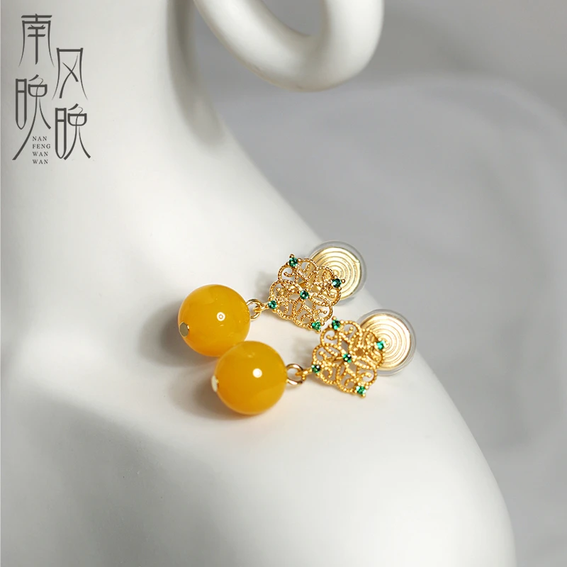 铜合金耳饰 0530复古中式黄珠绿锆蕾丝花边无洞蚊香盘耳夹银耳钉