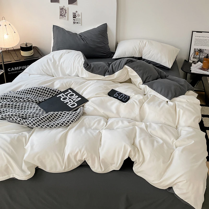 ins风纯色双拼水洗棉床上四件套简约床单被套床笠学生宿舍三件套