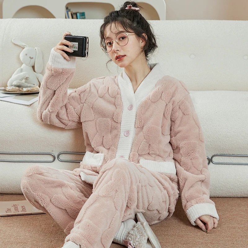 秋冬季舒棉绒兔纹V领睡衣女套装加绒加厚可外穿春秋家居服