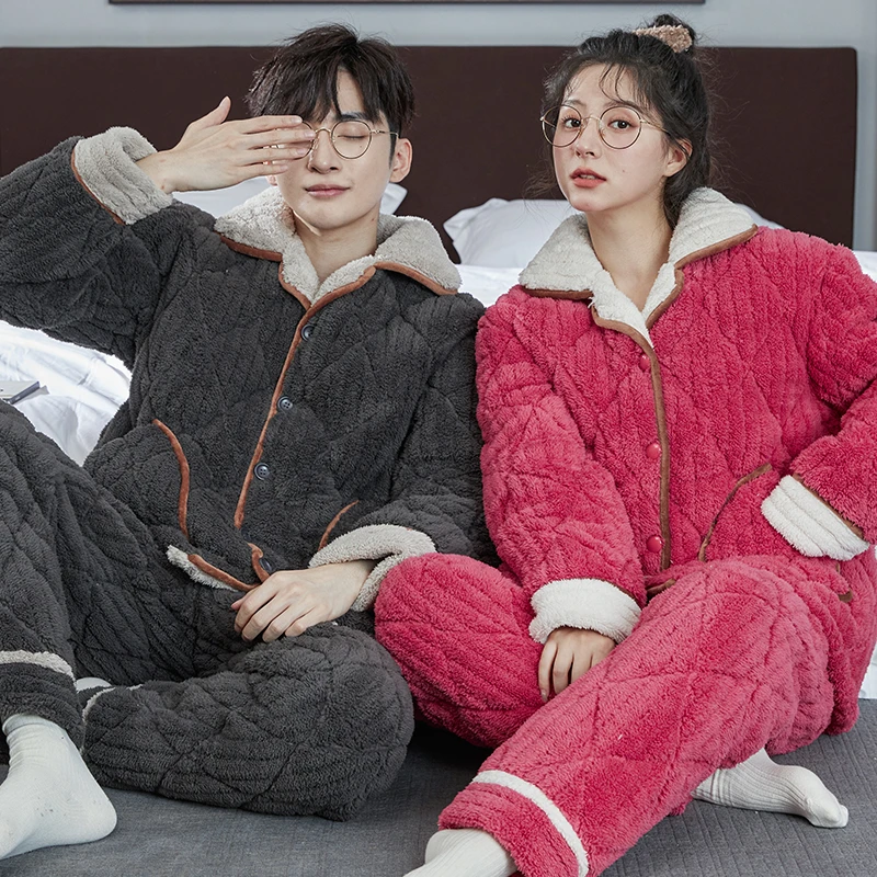 情侣珊瑚绒睡衣女秋冬新款翻领加绒加厚三层夹棉保暖长毛绒家居服