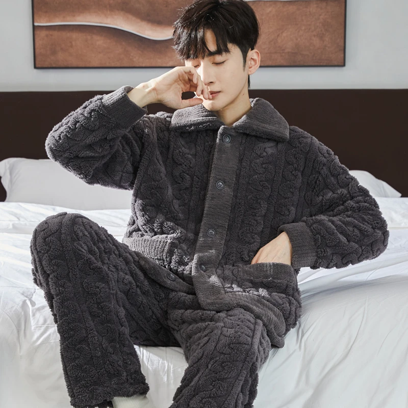 秋冬季男士珊瑚绒睡衣加厚加绒长袖法兰绒家居服套装冬天可外穿