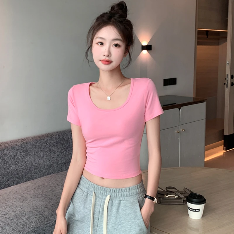 浅粉色短款短袖t恤女2023夏季棉质高腰紧身露脐半袖u领修身上衣潮