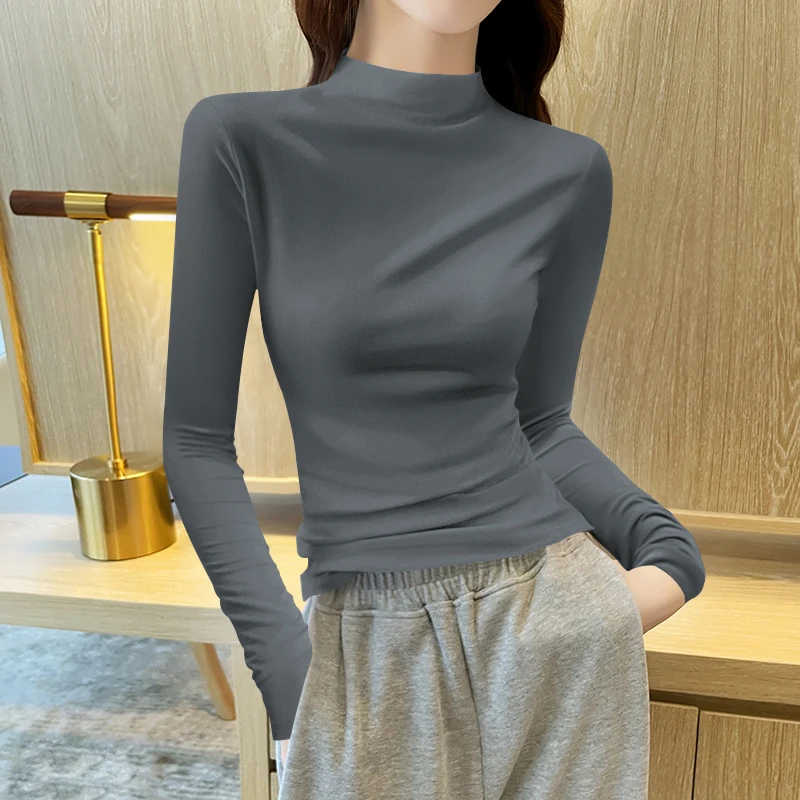 莫代尔打底衫女内搭长袖2025年秋冬洋派半高领铁灰色紧身薄款上衣
