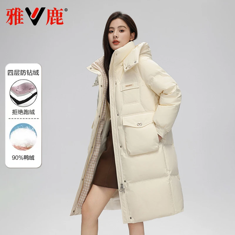 雅鹿品牌2025新款羽绒服女连帽中长款百搭气质保暖休闲减龄外套冬