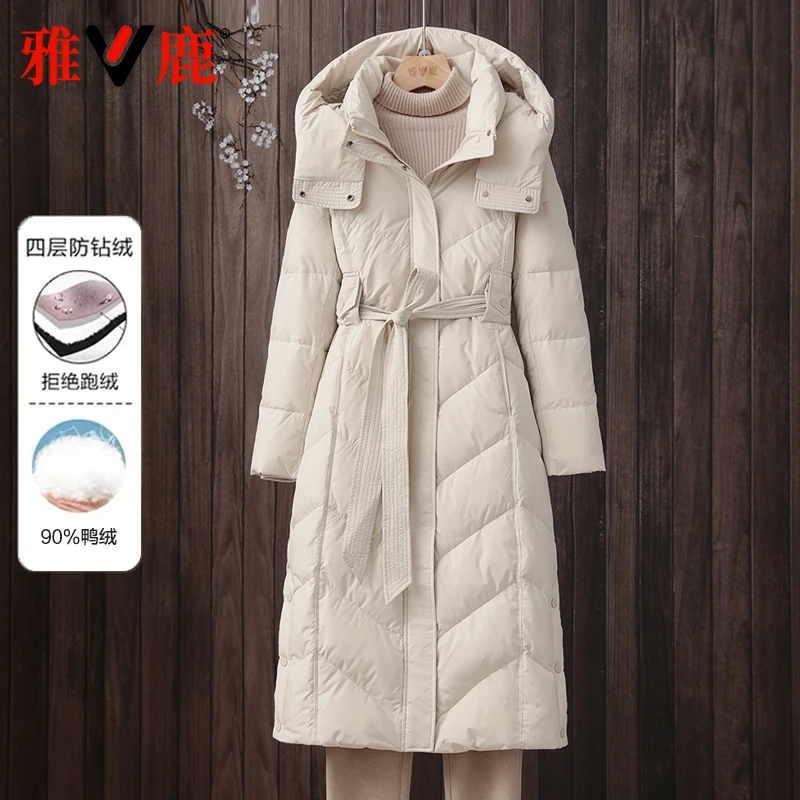雅鹿2025冬季新款羽绒服过膝加厚女长款收腰气质显瘦大码御寒外套