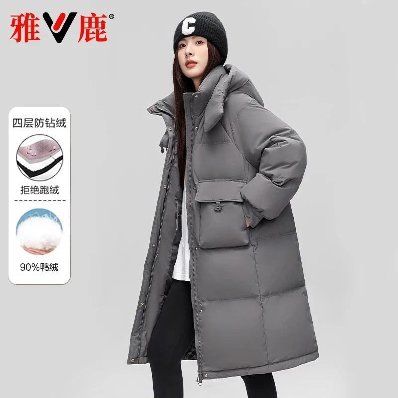 雅鹿2024新款羽绒服女中长款过膝加厚连帽韩版休闲大码冬季潮外套