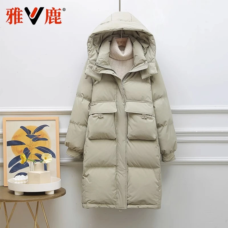 雅鹿2025新款羽绒服女中长款过膝加厚连帽韩版宽松大码冬季潮外套