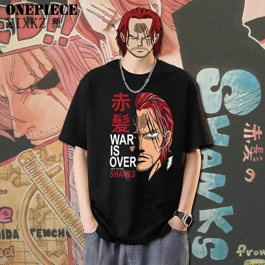 新款潮牌动漫海贼王t恤RED红发印花图案宽松版纯棉短袖男女INS