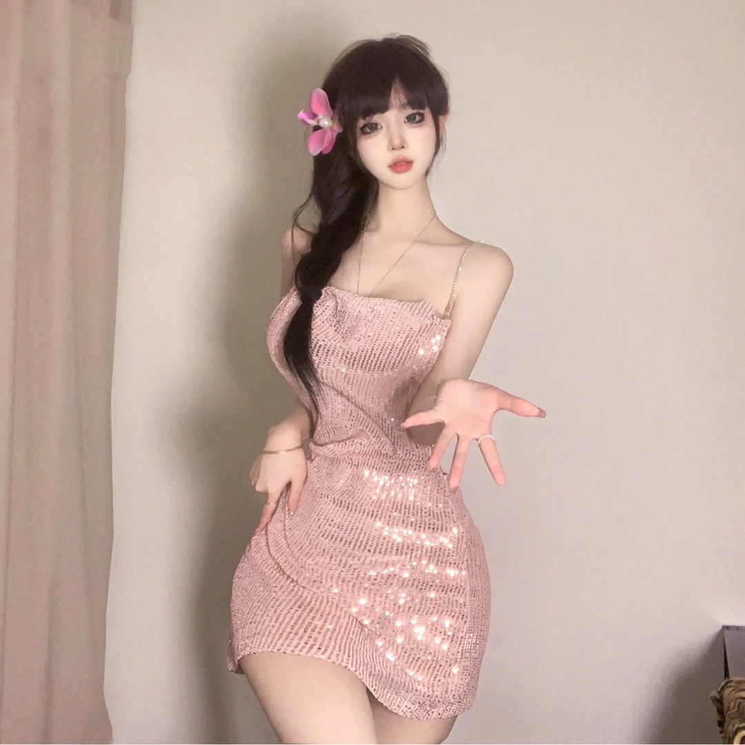 星光闪闪亮片挂脖吊带裙低胸链条交叉露背包臀裙修身吊带连衣裙女