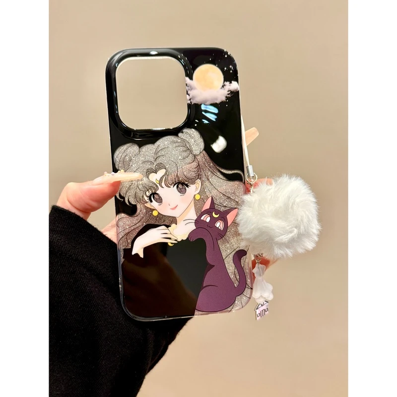 适用苹果iphone16promax卡通少女15promax挂件14pro亮片13手机壳