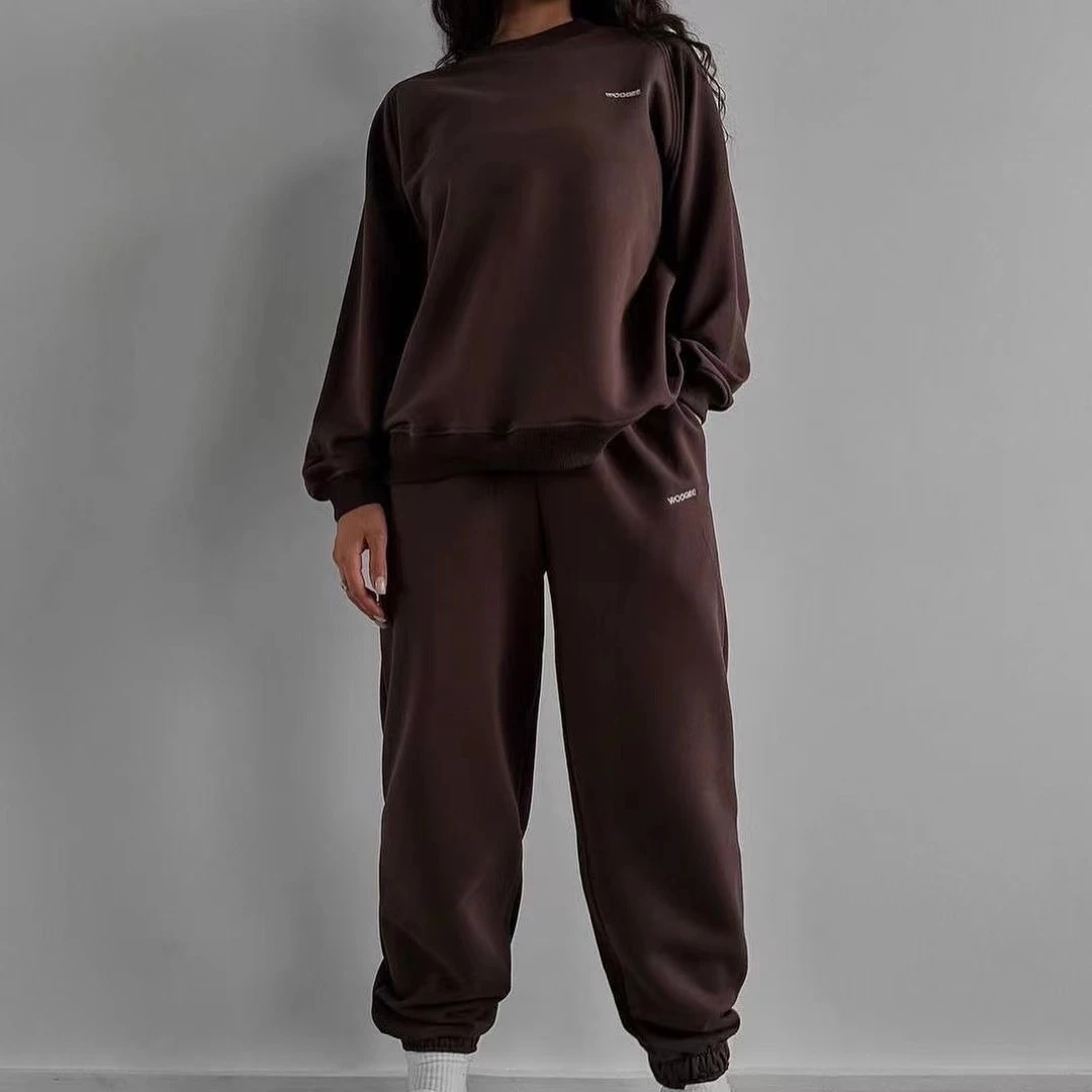 （加绒加厚）圆领字母刺绣卫衣套装女 新款ins长袖宽松时尚百搭