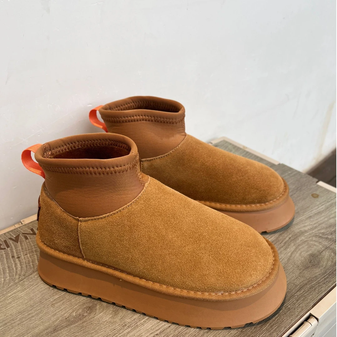 (真皮牛皮）J603款厚底雪地靴女冬季加绒加厚保暖袜靴短筒靴子