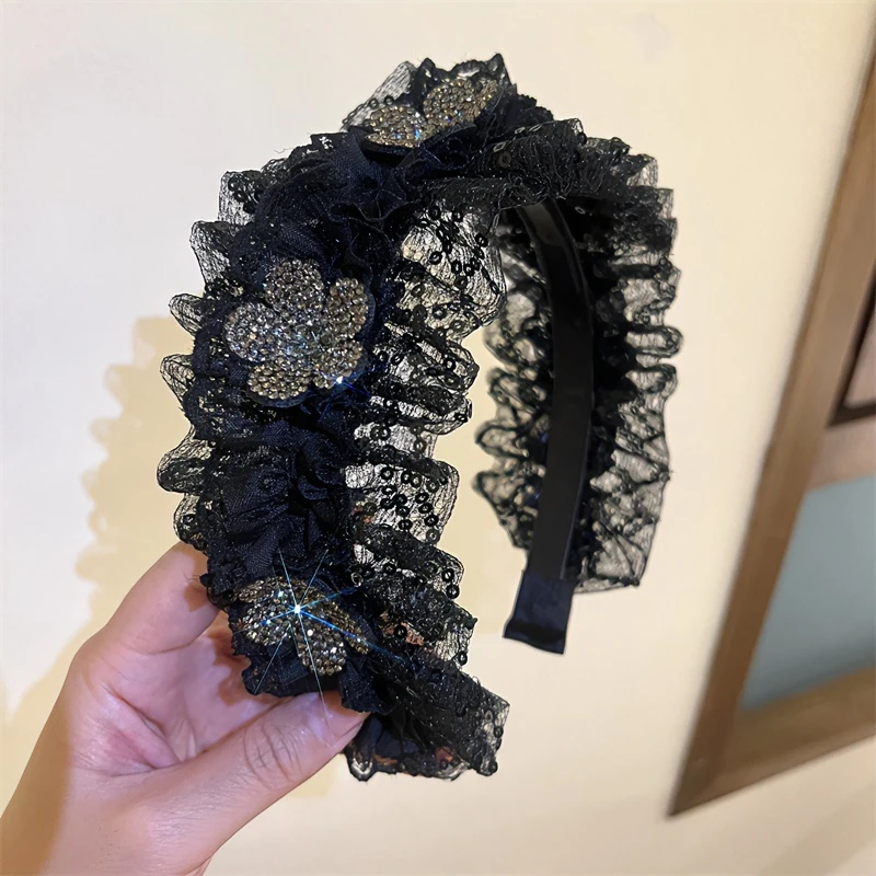 高级感黑色花朵蕾丝褶皱高颅顶发箍压碎发整理头箍女新款发捆发饰