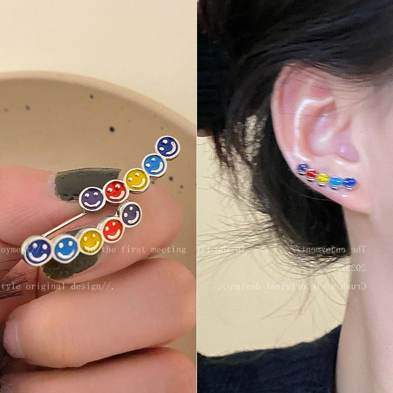 童趣~撞色笑脸一排式耳钉ins小众2024新款耳环女网红气质百搭耳饰