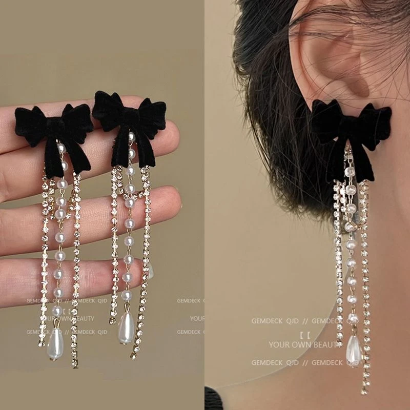 黑色植绒蝴蝶结珠珠流苏耳环女两戴韩版气质轻奢高级感长款耳饰潮