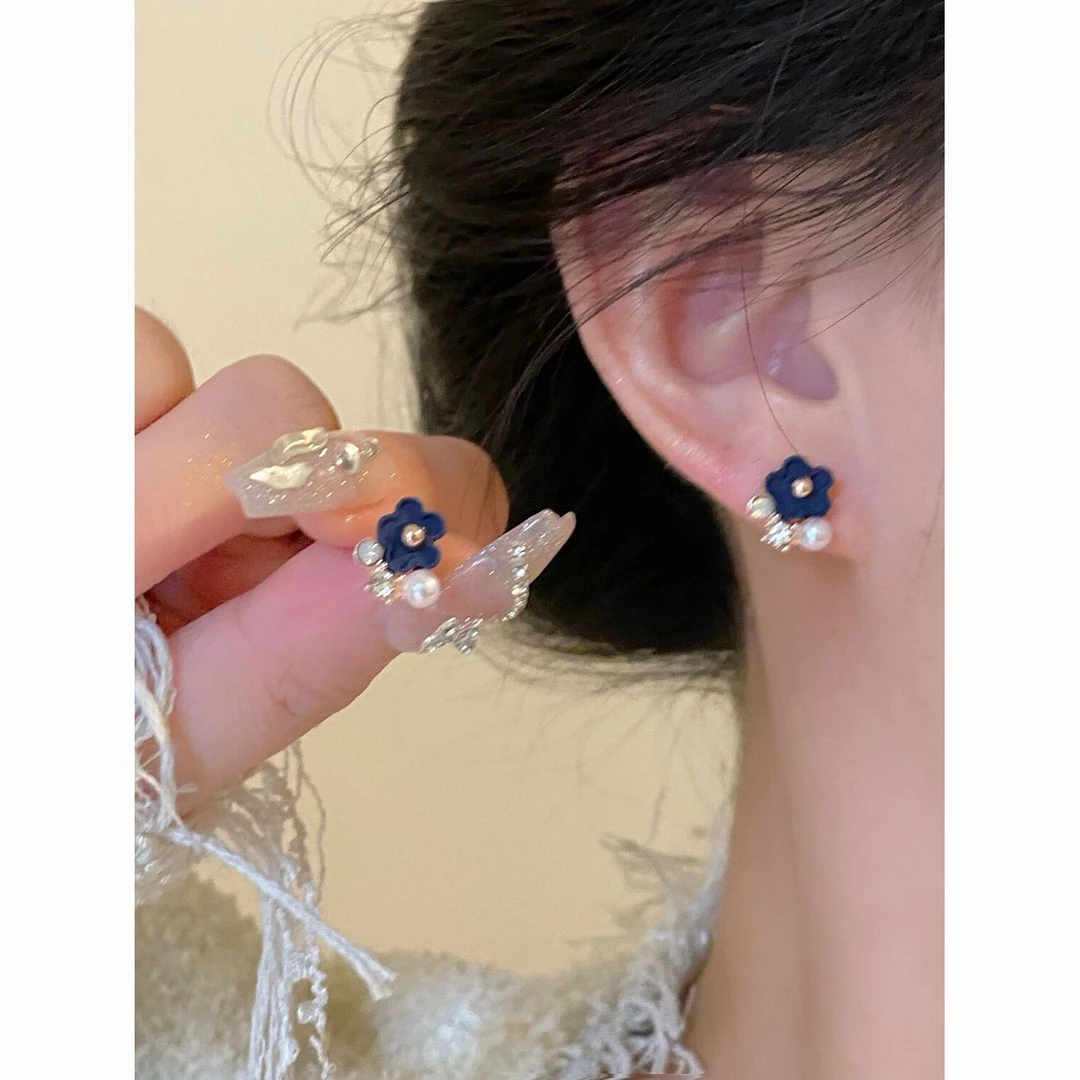 韩版小众宝蓝色哑光精致简约气质显白耳环甜美小巧蓝色耳钉耳夹