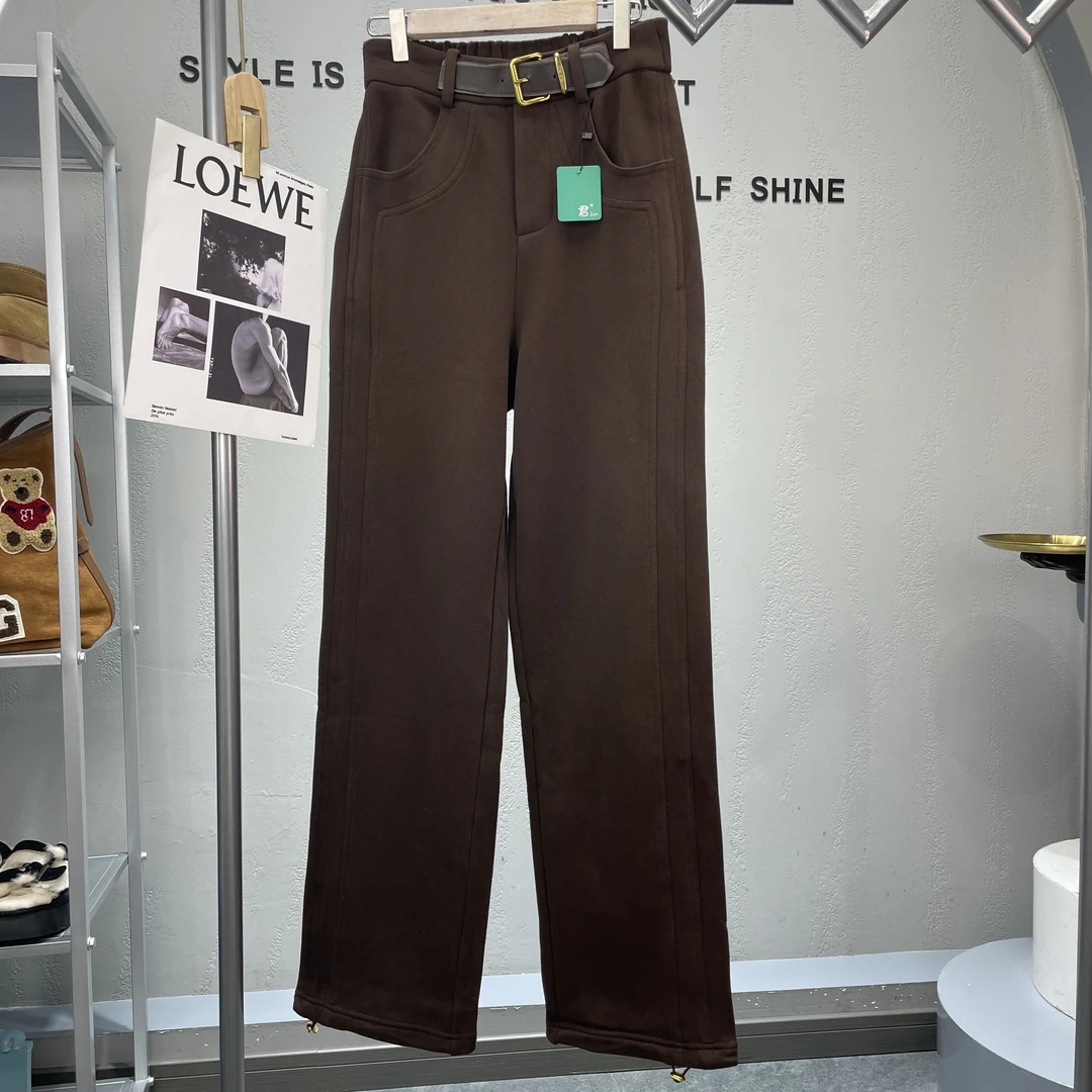 君家双色皮带设计直筒裤休闲