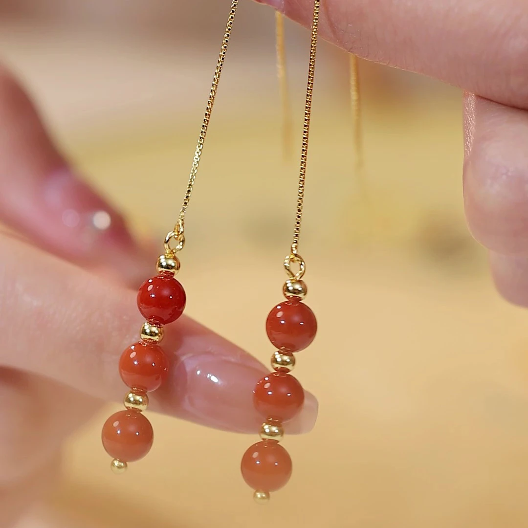 安妮猫S925银红玛瑙耳饰珠子简约百搭耳饰气质女糖葫芦长款耳线