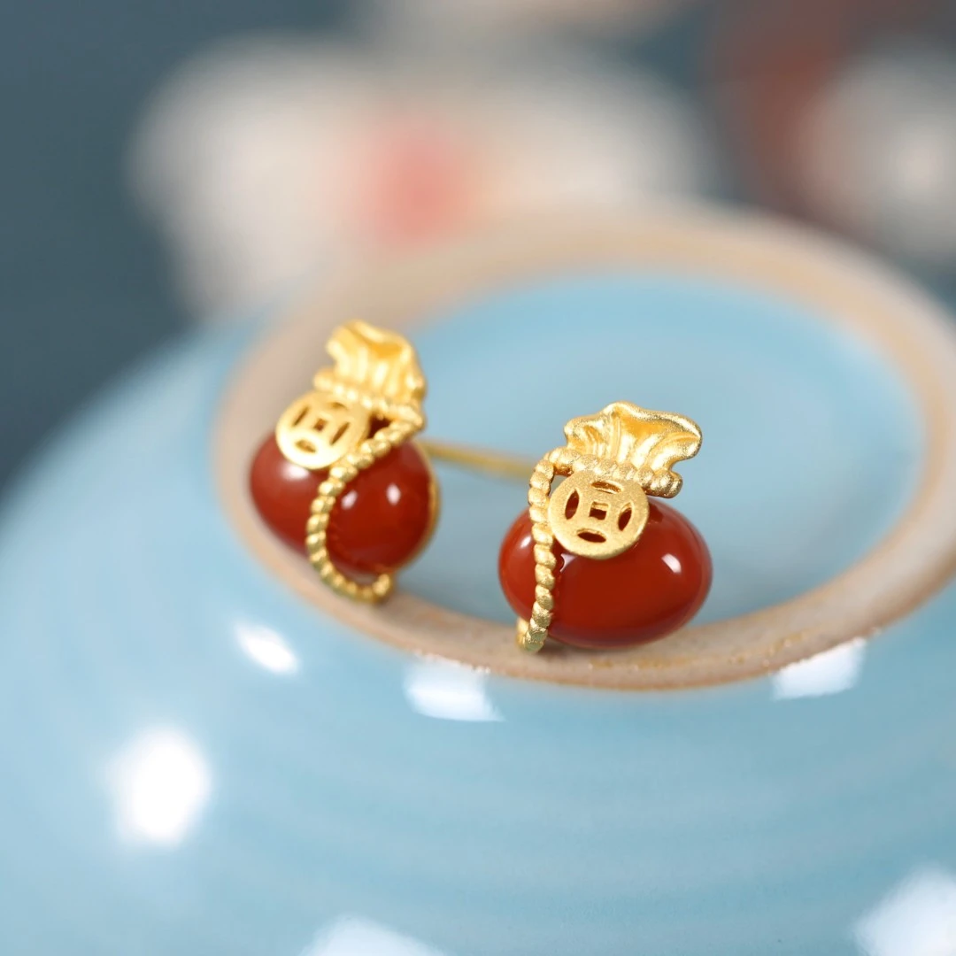 玛瑙耳钉女简约925银钱袋耳环耳钉