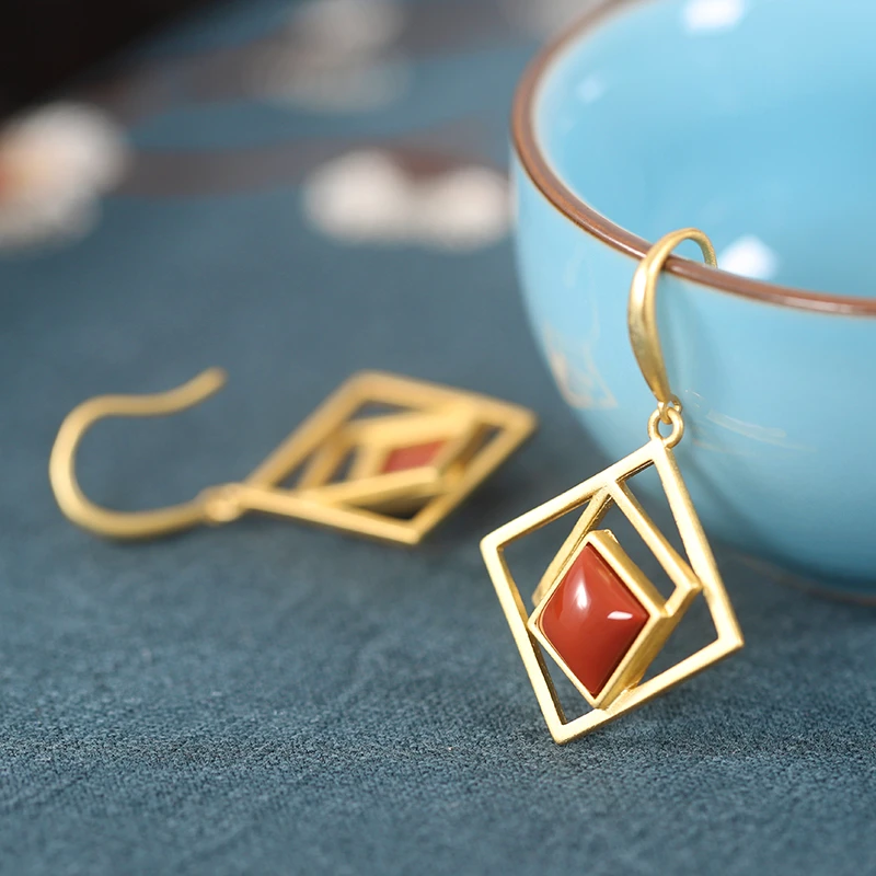 玛瑙耳钉女简约925银方形几何耳环耳钉