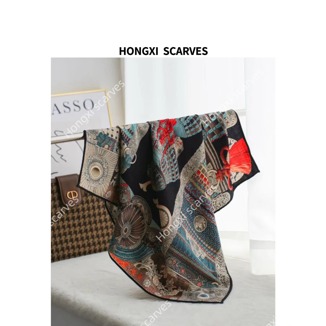 丝毛双面印染铠甲武士60方巾手工卷边披肩空调毯丝巾时尚百搭B054