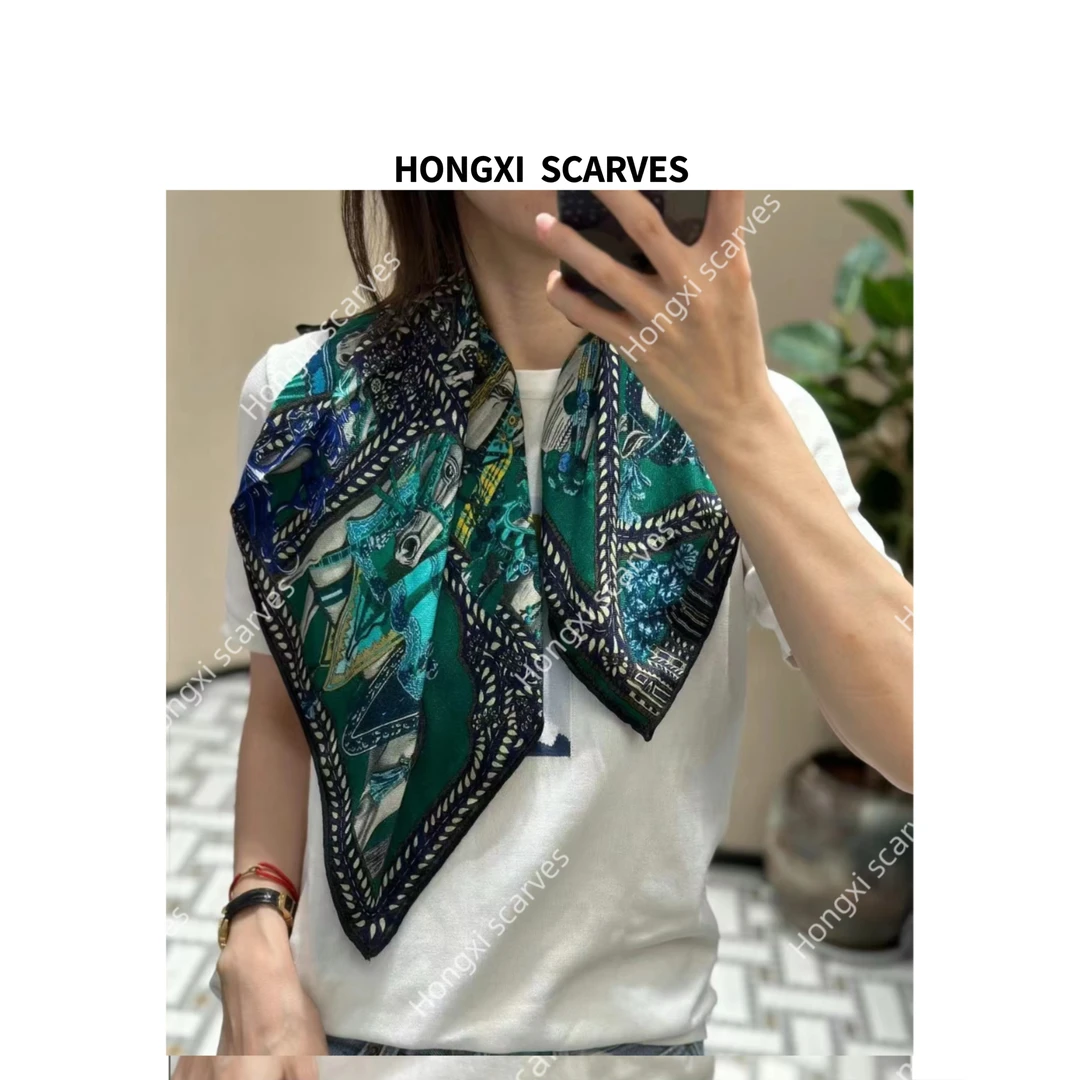 丝毛双面绿色将军马60方巾手工卷边真丝女士丝巾围巾披肩B125