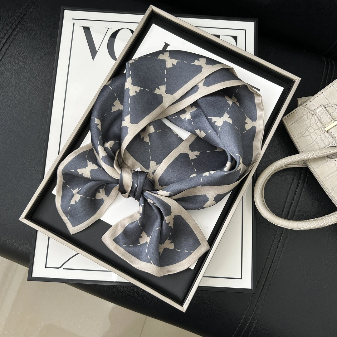 桑蚕丝双面雾霾蓝小蝴蝶结145长巾飘带洋气女士丝巾气质真丝J032