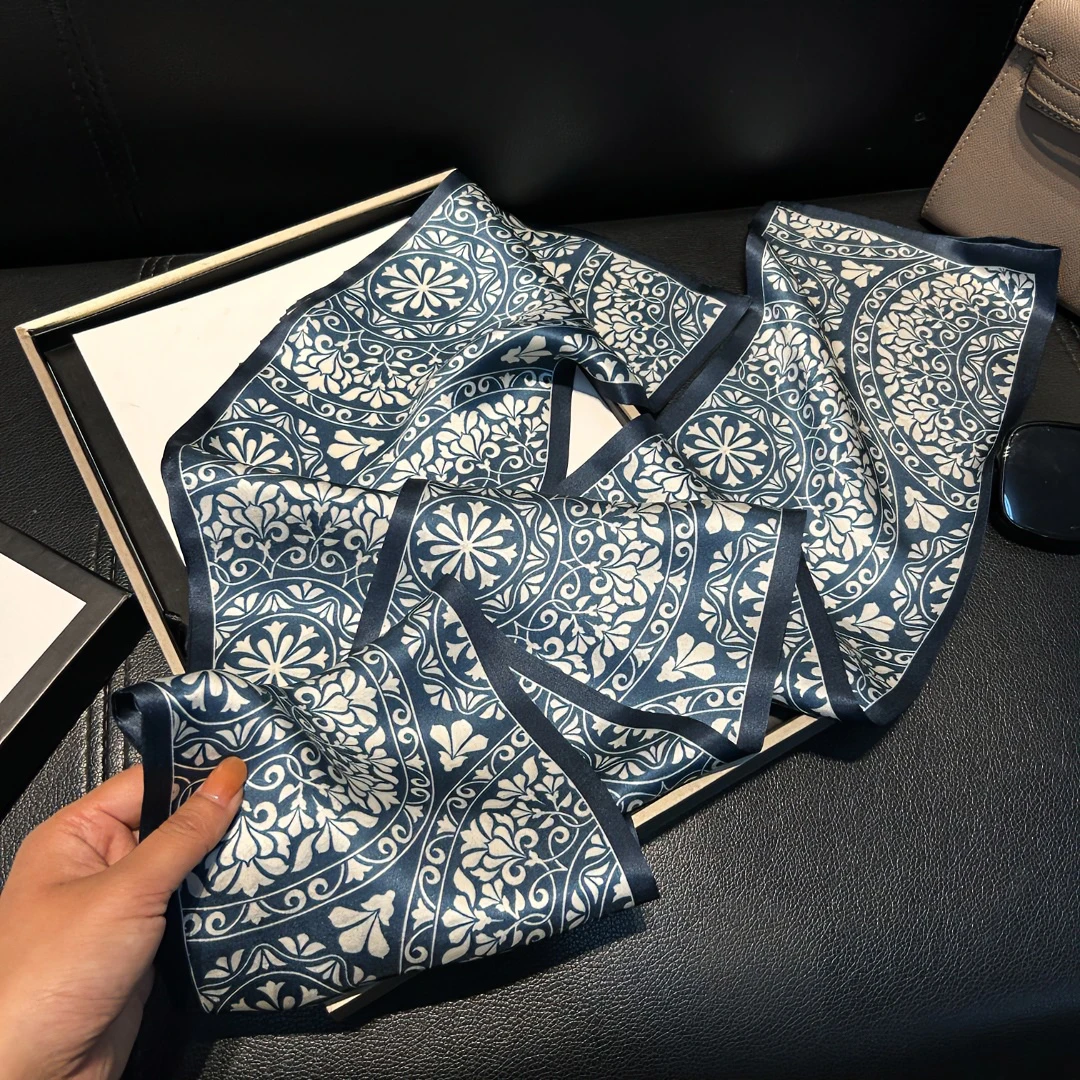 桑蚕丝双面景泰蓝印花145长巾飘带女士真丝丝巾围巾防晒披肩J083