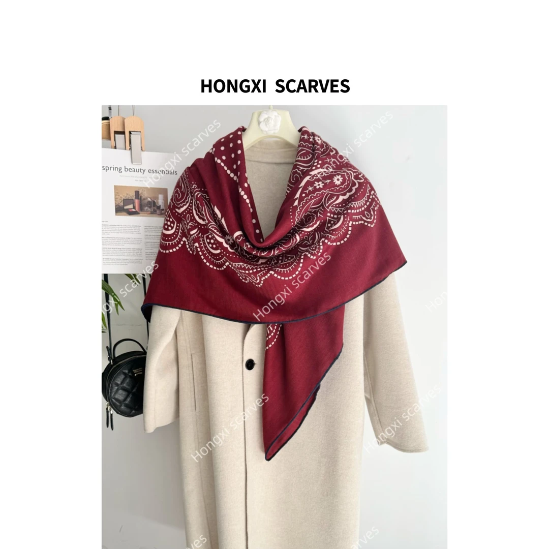 丝毛双面波尔多红波点130方巾手工卷边女士丝巾围巾披肩外搭H207