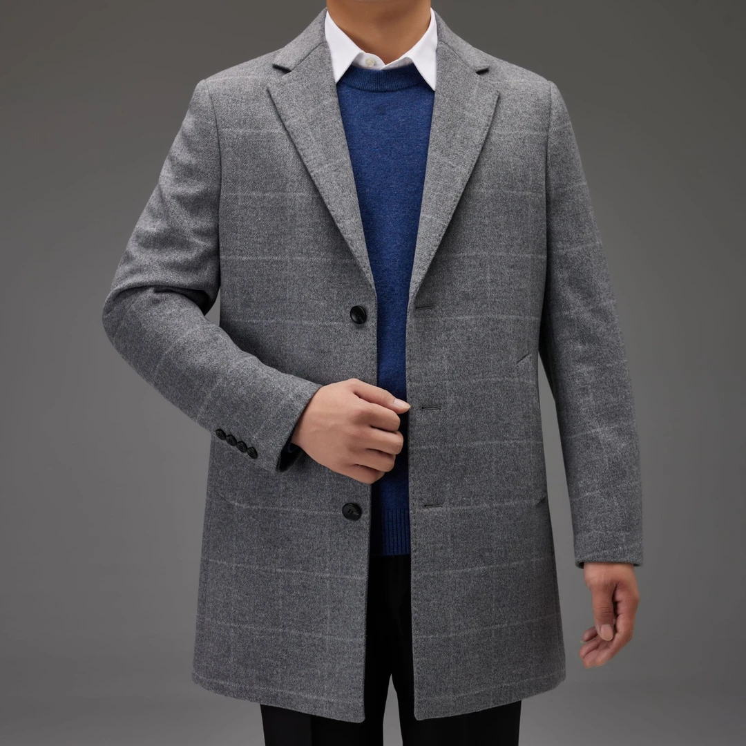 美良秋冬新款绵羊毛大衣男西装领格纹外套2420