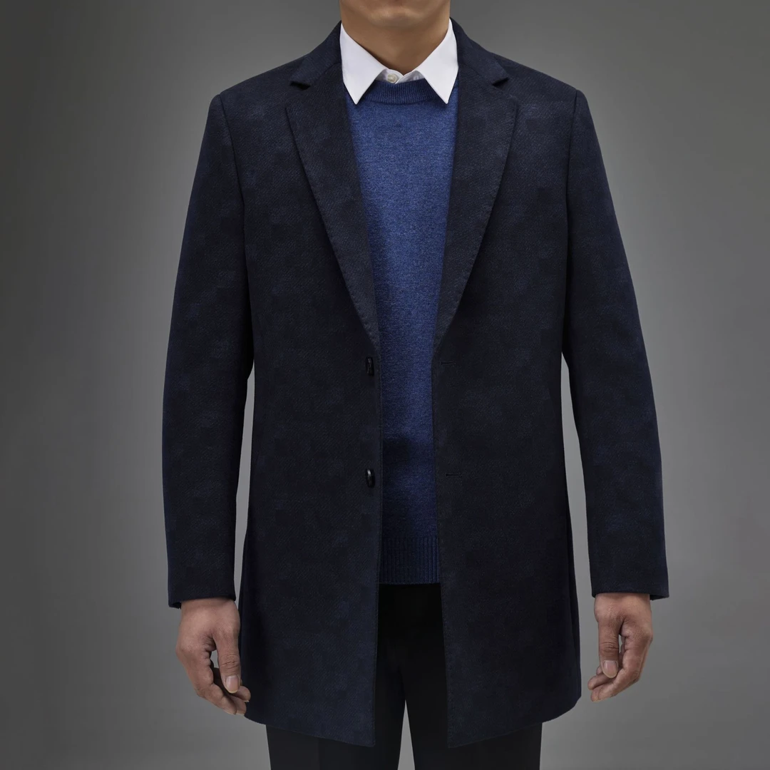 秋冬新款绵羊毛大衣男藏青色西装领大衣外套2423